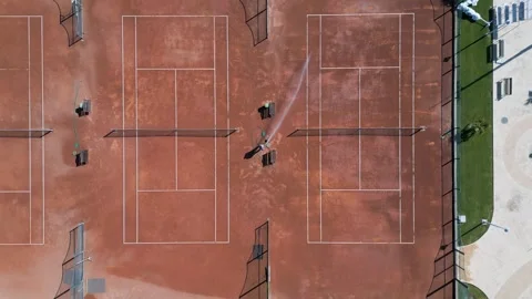 Aerial Top Down View of Clay Tennis Courts Maintenance, Camera Moving Forward 库存影片 333744434