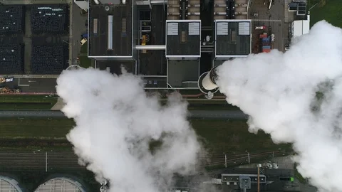Aerial top down view of coal fired power plant thermal station 4k Stock Footage 105070386