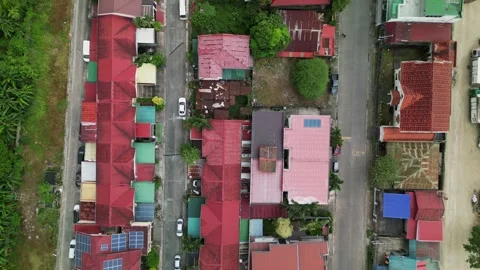 Aerial top-down view of colorful rooftops in Broadway Pines subdivision Stock Footage 333829144