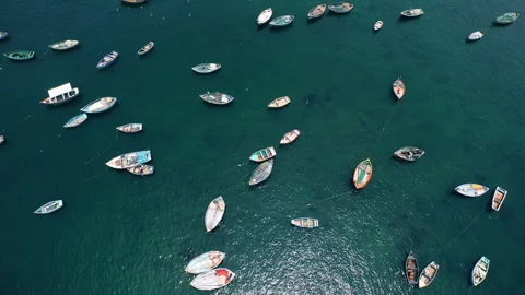 Aerial Top Down View of Colorful Fishing Boats in Turquoise Harbor 스톡 동영상 344163339