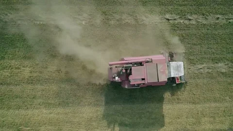 Aerial top down view of combine harvesting in the green field. Harvester Stock Footage 171764258