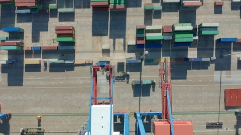 Aerial top down view of container port and shipping docks. Stock Footage 122139787