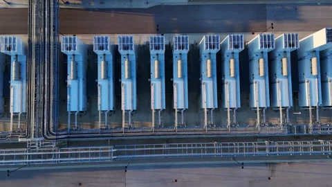 Aerial top down view of cooling units on a data center roof in Ohio Stock Footage 345670343