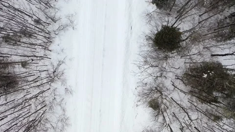 Aerial top down view countryside road covered in snow in winter. Overcast sky Stock Footage 149083172