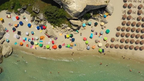 Aerial top down view of the crowded beach and the sea Stock Footage 112150925