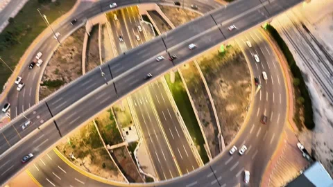 Aerial top-down view of curved bridge with moving traffic Stock Footage 331675831