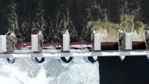 Aerial top-down view of  a dam in winter season Stock Footage 156398840
