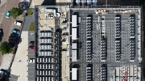 Aerial top down view of data center cooling system on rooftop Stock Footage 337779637