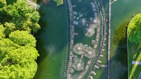 Aerial Top Down View of Decorative Water Fountain Patterns in Urban Lake Stock-Footage 339094817