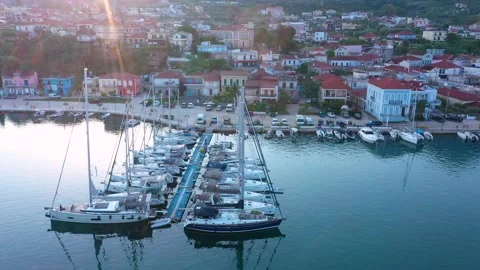 Aerial top-down view of docked sailboats.  Top down view of yachts in the marina Stock Footage 203812973