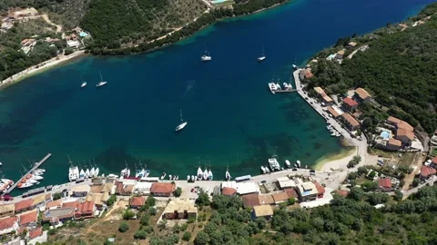 Aerial top-down view of docked sailboats.  Top down view of yachts in the marina Stock Footage 203815503