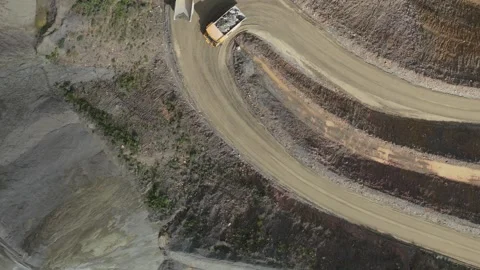 Aerial top down view of dump trucks driving in open-pit mine Stock-Footage 343841331