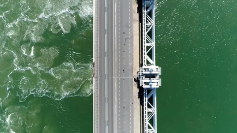 Aerial top down view of Eastern Scheldt storm surge barrier 4k Stock Footage 87764363