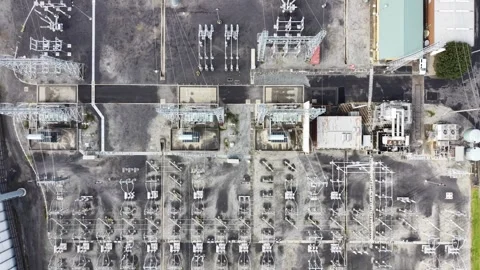 Aerial top down view of electrical power substation Stock Footage 342327602