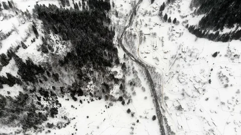 Aerial - Top down view of empty road between the snowy pine trees 動画素材 126243629