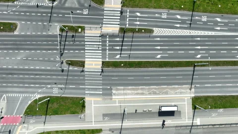 Aerial Top Down View Of Empty City Multi Lane Road And Crosswalk Stock Footage 335906962