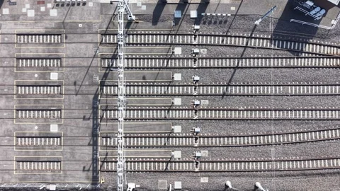Aerial top down view of empty railway tracks Video stock 339304664