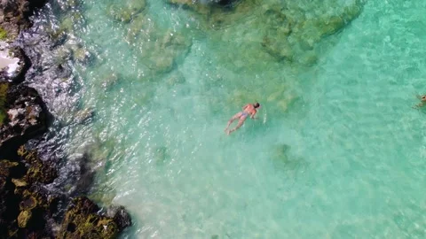 Aerial top-down view of fit woman swimming in crystal clear water. Tropical Stock Footage 157366254
