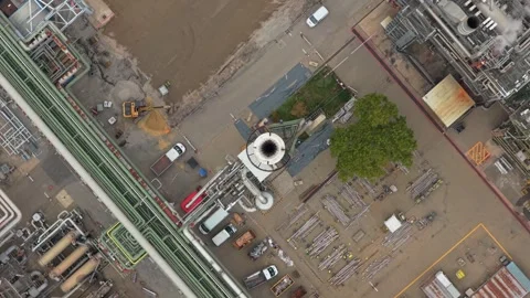 Aerial top down view of flooded industrial factory plant Stock Footage 327813946