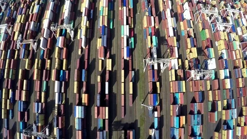 Aerial top down view flying straight over container terminal 4k Video stock 73566828
