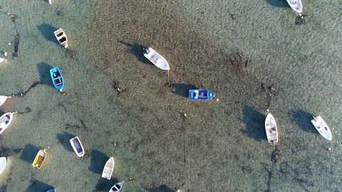 Aerial top down view flying over turquoise green ocean with row boats 4k Stock Footage 82625537