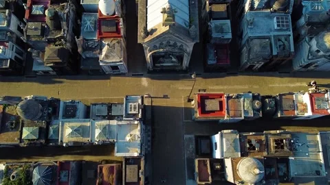 Aerial top-down view flying over historic recoleta cemetery mausoleums Stockbeeldmateriaal 339376212