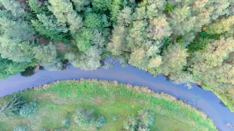Aerial top down view of forest with narrow Vilnele river. Vilnius, Lithuania Stockbeeldmateriaal 279161338