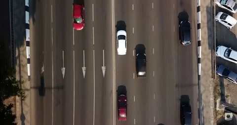 Aerial top down View of freeway busy city rush hour heavy traffic jam highway. Stock Footage 92137759