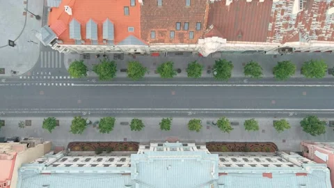 Aerial top-down view of Gediminas Avenue, the main street of Vilnius, Lithuania. Stockbeeldmateriaal 282862789