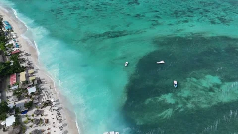 Aerial Top Down View of Gili Air Beach Turquoise Sea Coral Reef and Boats Stock-Footage 330977935