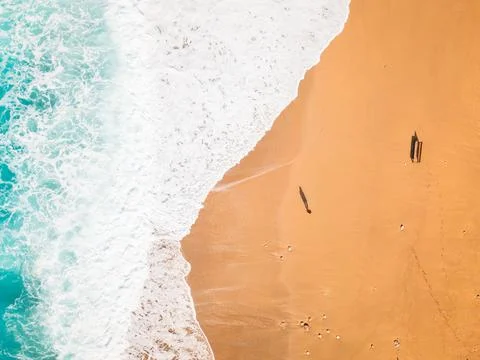Aerial top down view Gjipe Beach with woman walking enjoy relax on sandy sh.. Stock Photos