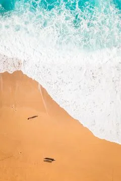 Aerial top down view Gjipe Beach with woman walking enjoy relax on sandy sh.. Stock Photos