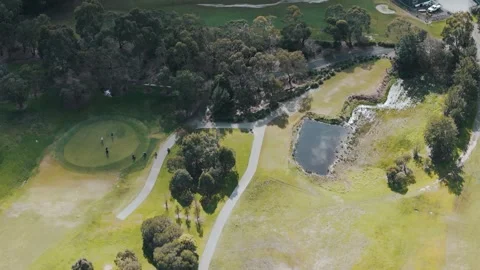 Aerial top down view of golfers on a green course Vidéo 342579052