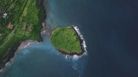 Aerial top down view of green islet and green sea cliffs with houses. Stock Footage 137453049