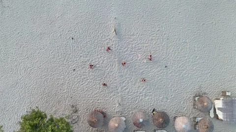 Aerial top down view of group of young active people playing beach volleyball Stock Footage 278716795