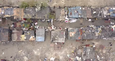 Aerial top-down view high altitude of slum Stock Footage 143429464