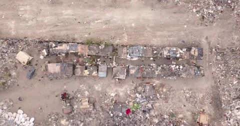 Aerial top-down view high altitude of slum Stock Footage 143429510