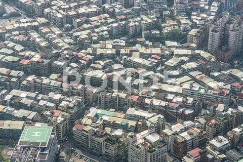 Aerial top down view high altitude of building downtown at Taipei Stock Photos