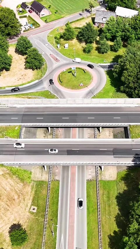 Aerial top down view of highway traffic and roundabout intersection Stock-Footage 327110047