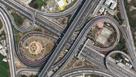 Aerial top down view of highway interchange traffic Stock Footage 328488834