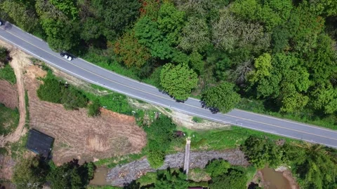 Aerial top down view of a highway and rustic footbridge in tropical forest Stock Footage 335008255