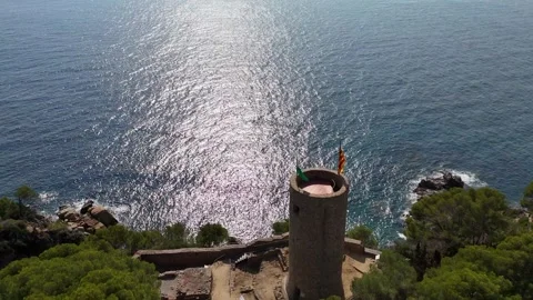Aerial top-down view of historic tower and shimmering sea Stock Footage 321346150