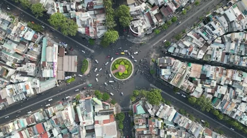 Aerial Top Down View of Ho Chi Minh City, Vietnam Roundabout Traffic Stock Footage 335574753