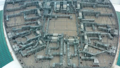 Aerial top-down view of HVAC system on the mall rooftop with visible air ducts Stock Footage 310999610