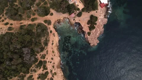 Aerial top down view of the Ibiza shoreline, ocean waves and white seagull Stock Footage 174267965