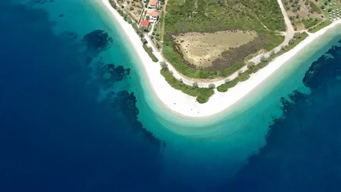 Aerial top down view of the iconic beach Agios Dimitrios in Alonissos island, Stock Footage 201345897