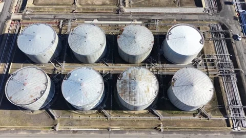Aerial top down view of industrial oil storage tanks 스톡 동영상 336875475