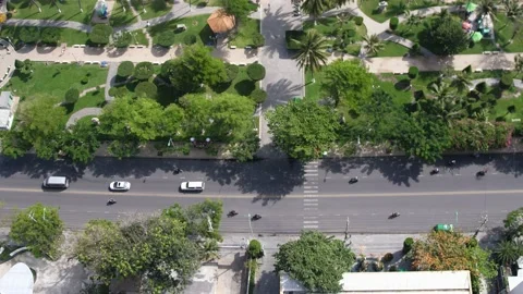 Aerial top down view of junction with cars and traffic at the morning. Nha trang Stock Footage 142209062