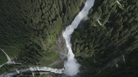 Aerial top down view of Krimml waterfall, Austria. Spruce forest. Rainbow. Video stock 123047361