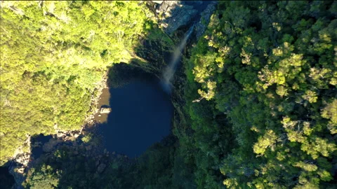Aerial top down view of Lagoa do Vento waterfall and lagoon, Madeira Vídeos de archivo 328639397